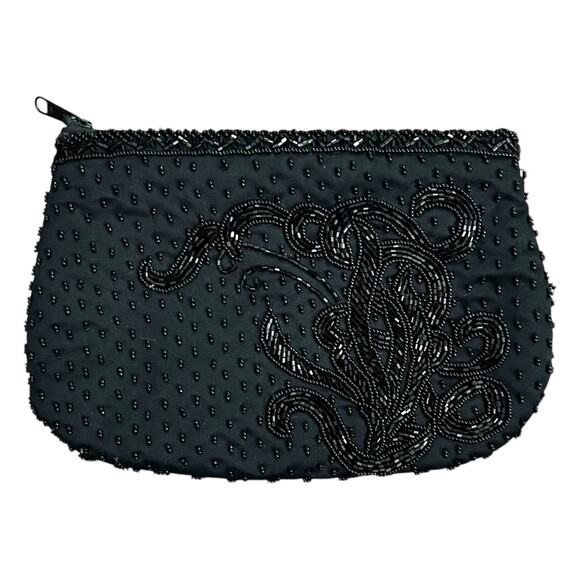 Vintage Black Satin Beaded‎ Clutch Bag - Picture 1 of 4